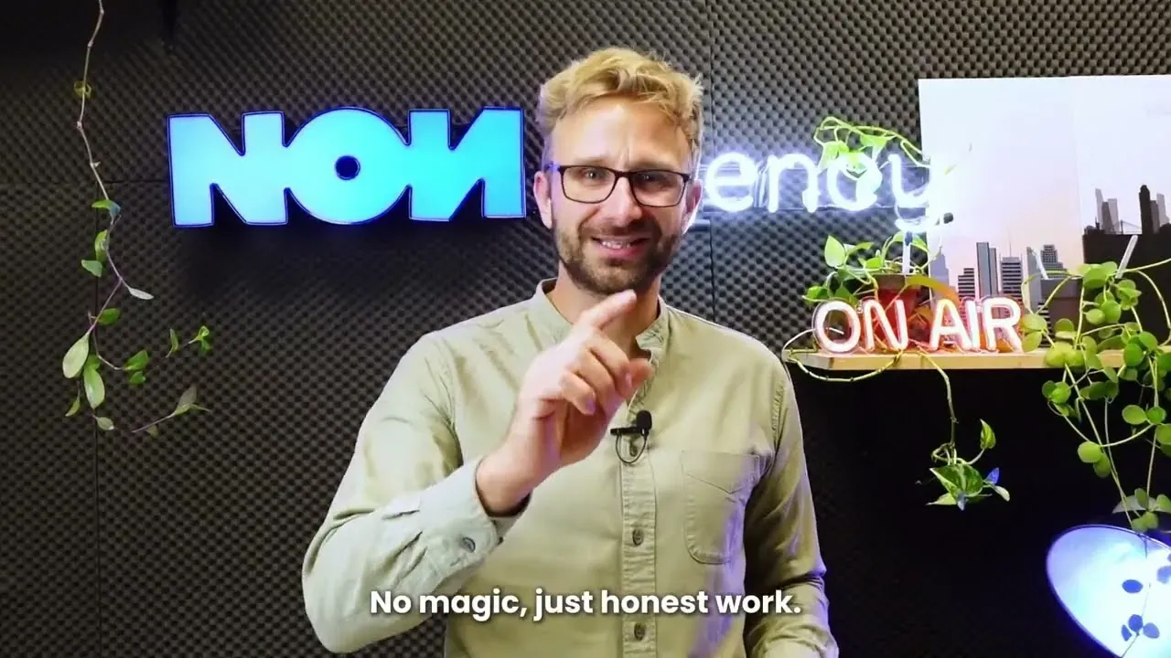 Rafał Moszkowcow (Chomsky) speaking to camera in the NON.agency studio