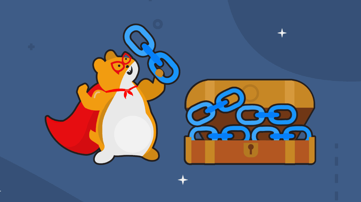 A hamster holding a link symbol standing next to a box of links